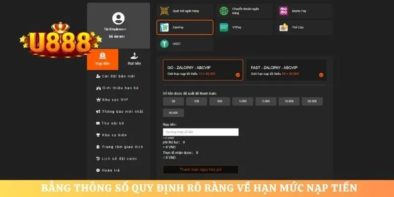 Bảng thông số quy định rõ ràng về hạn mức nạp tiền