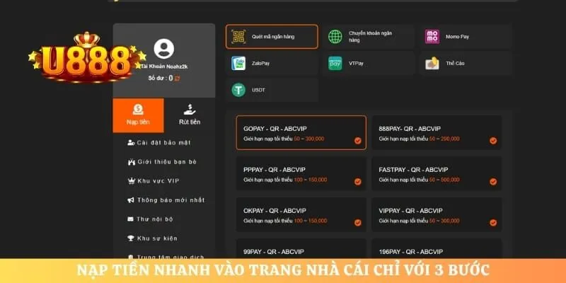 Nạp tiền nhanh vào trang nhà cái chỉ với 3 bước
